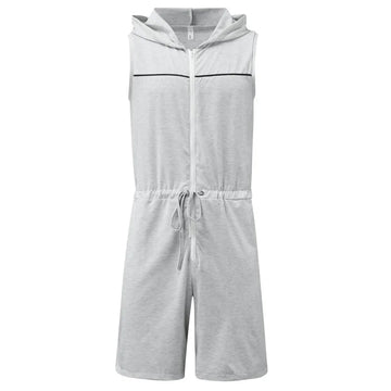 Riolio Men Short Jumpsuit Tight Sleeveless Bodysuit Zipper Hooded Rompers Short Pants Casual Home Wear Tracksuit Pajamas